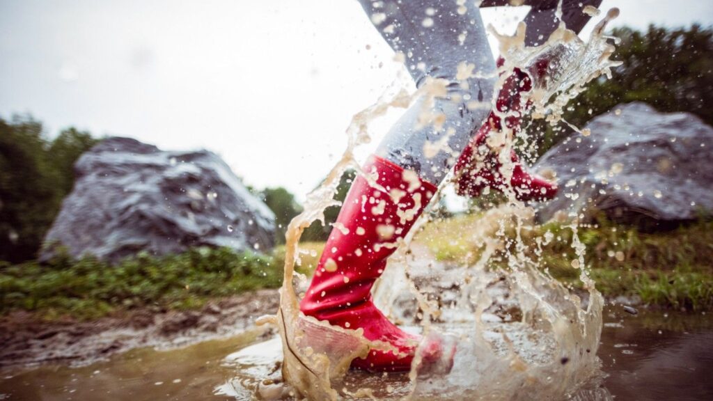 A person in rain boots stomps on a puddle in a backyard.